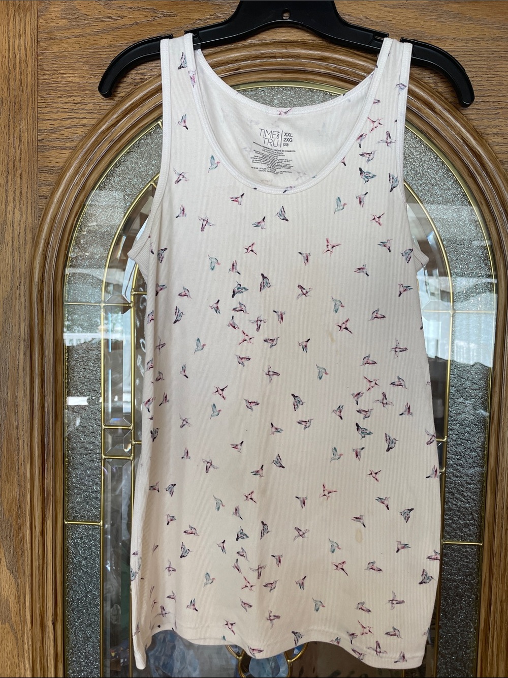 Time and Tru White Tank Top with Pink and Blue Bird Print